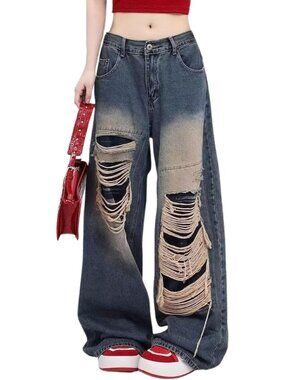 Women's Ripped Blue Straight Leg High Waisted Pants High Rise Baggy Jeans